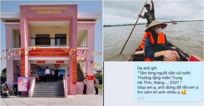 Một trong số những căn nhà cộng đồng chống lũ ở Hà Tĩnh được khánh thành; Thủy Tiên trong lần cứu trợ miền Trung năm 2020; Tin nhắn của nữ ca sĩ không muốn gắn tên mình vào bảng hiệu (ảnh: chụp màn hình Facebook nhân vật).