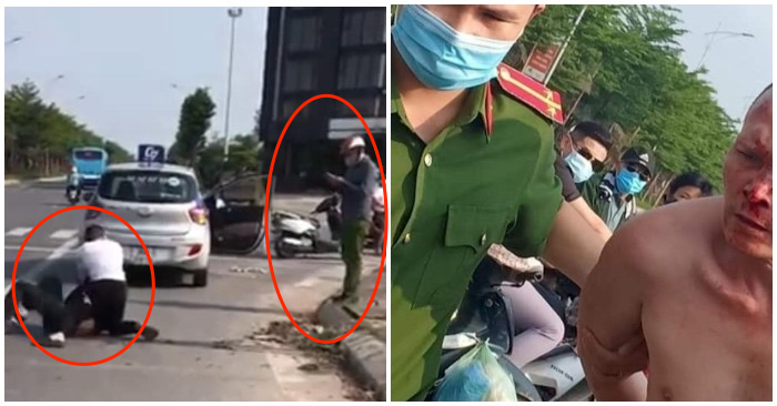 Đại úy công an Nguyễn Thanh Lâm đứng nhìn điện thoại khi tài xế taxi vật lộn với tên tội phạm