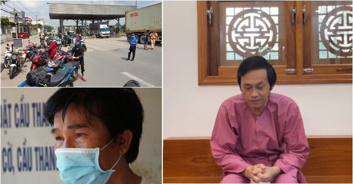 Từ trái qua: Chốt kiểm soát TP.HCM-Đồng Nai quá tải; Hoài Linh xin lỗi cộng đồng; Người cha đau thương trong ngày 5 người gia đình nhà con gái tử nạn vì hỏa hoạn (ảnh chụp màn hình video báo Tuổi Trẻ/Facebook Võ Hoài Linh).